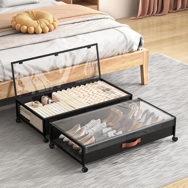 Eastherry Under Bed Storage with Wheels, XL Larger Under Bed Storage Containers with Clear Lids, 31'' Lengthen Under Bed Shoe Organizer, Rolling Under Bed Storage for Shoes Clothes (2 PACK Black)