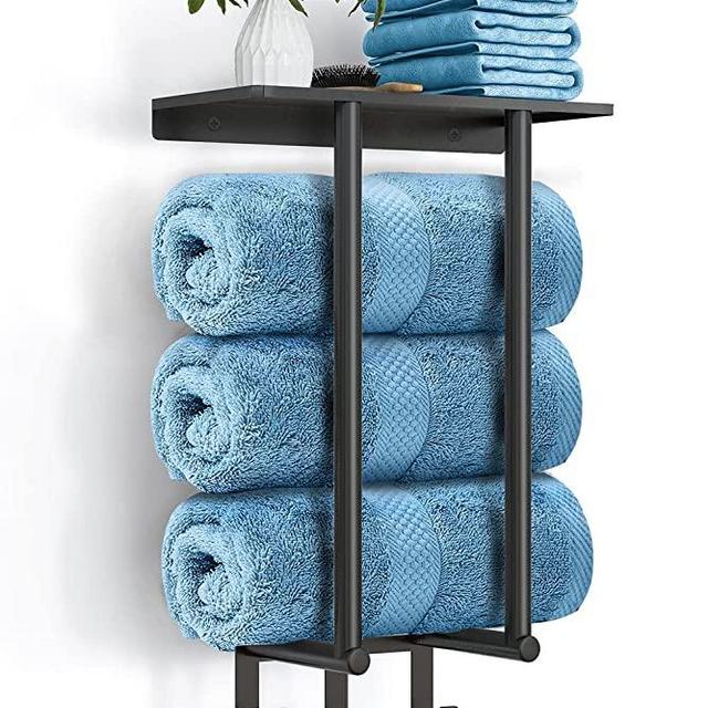 Towel Rack Wall Mounted, BETHOM Towel Rack with Metal Shelf and 3 Hooks for Small Bathroom, Towel Storage Wall Can Holds Up to 3 Large Size(63x40 inch) of Rolled Towels, Black