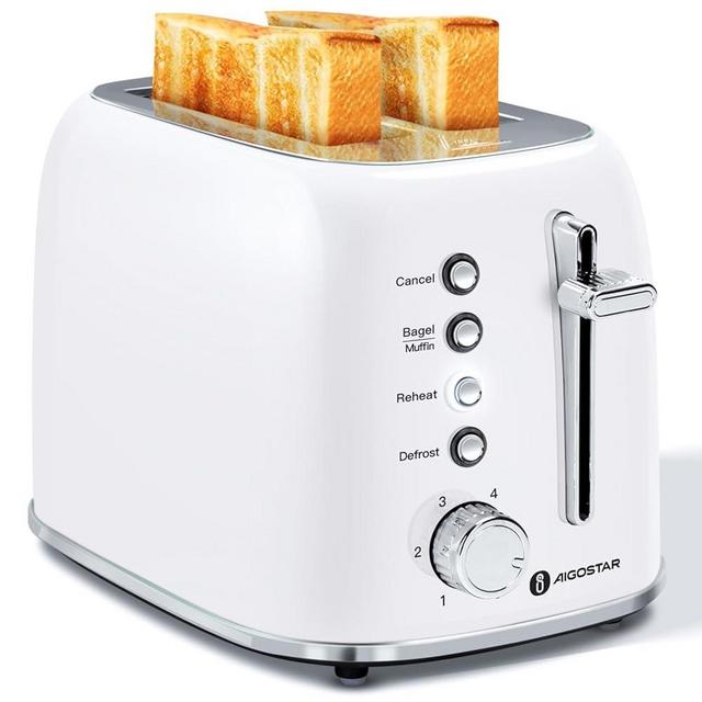 Aigostar Toaster 2 Slice Retro Toaster Stainless Steel, 1.6 inch Extra Wide Slots Bread Toaster with Bagel, Cancel, Defrost Function, 6 Shade Settings & Removable Crumb Tray, Pearl White
