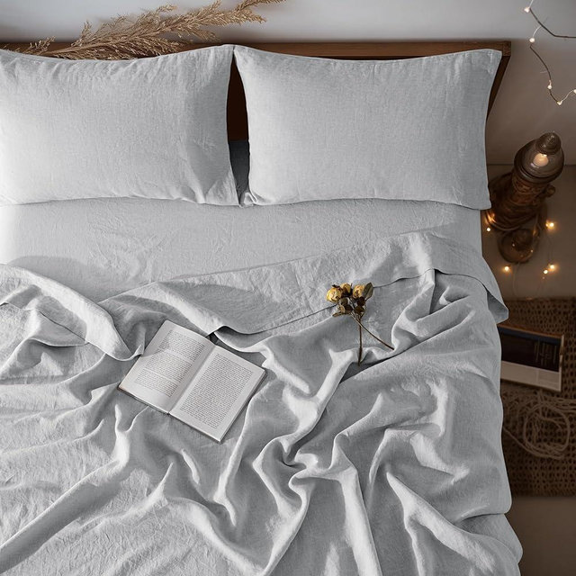 LBRO2M 100% Linen Sheet Set Queen Size, Bed Sheets 4 Piece Sets, Solid Color Natural Flax Bed Sheets Soft Breathable Bedding,16" Deep Pocket,All Season (Queen, Grey)