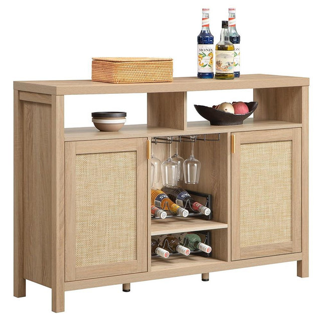 SICOTAS Rattan Coffee Bar Cabinet, 51" Sideboard Buffet Cabinet with Storage, Farmhouse Liquor Cabinet with Wine Racks Credenza Console Buffet Table for Home Living Dining Room Entryway