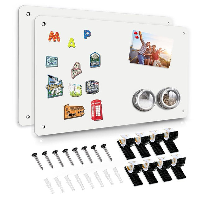 White 2Pack Magnetic Board,17.5" x 11.4" Magnet Bulletin Board to Display Magnetic Notes, Poetry, Photos, Suitable for Wall, Refrigerator, Cabinet etc, Come with 4 Pcs Dual Lock Tape and Screws
