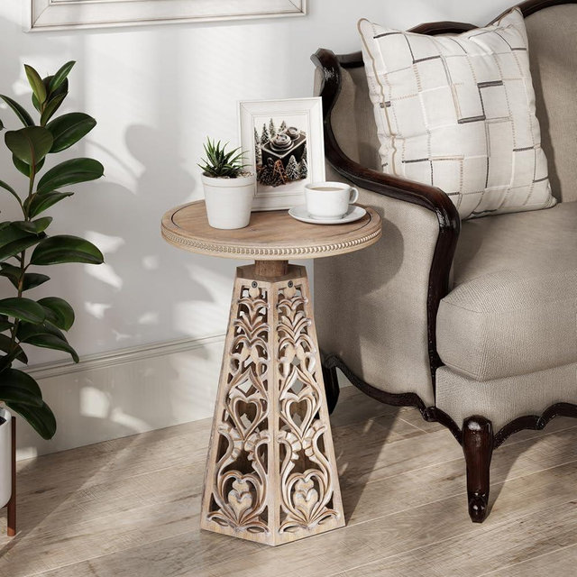 COZAYH Rustic Farmhouse Wooden End Table, Distressed Round Accent Table with Intricate Carved Floral Patterns, Boho, for Living Room, Bedroom, or Entryway, Distressed Wood Color