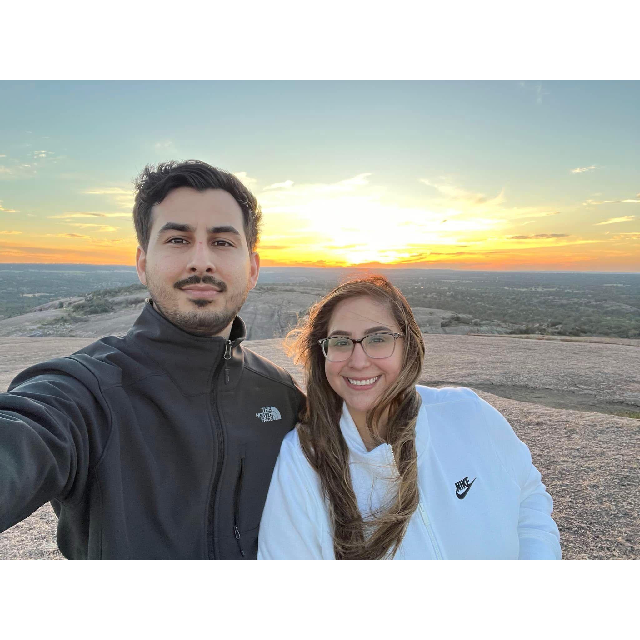 A couple minutes before he proposed at Enchanted Rock.