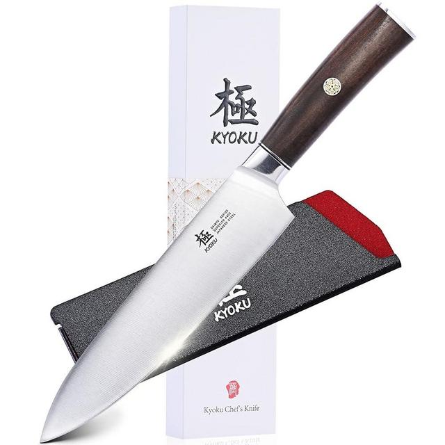 KYOKU 8 Inch Chef Knife - Daimyo Series - Professional Chef's Knife with Ergonomic Rosewood Handle and Mosaic Pin - Japanese 440C Stainless Steel Kitchen Knife with Sheath and Case