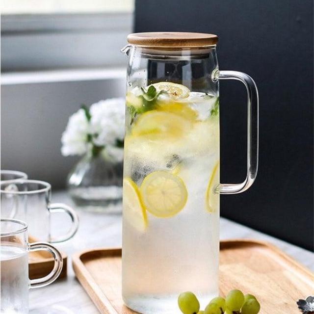 Glass Water Kettle Jar with Wood Lid