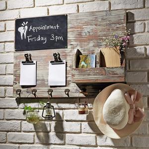TB-HOM1291DKBRN - Torched Wood Wall Mounted Chalkboard Memo Clips, Mail Sorter and Key Hooks, Entryway All-in-One Organizer
