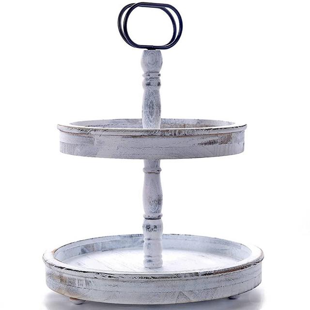 2 Tiered Tray Wooden Decorative Farmhouse Tray, Rustic Two Tier Tray, Kitchen Tabletop Display Food Fruits Afternoon Tea Cupcake Organizer with Metal Handle,for Home Office Living Room (Whitewashed)