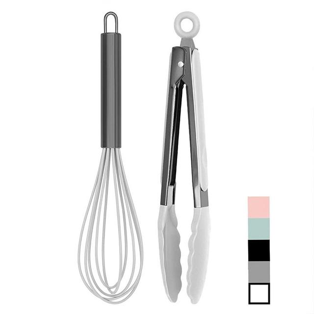 Country Kitchen 10" Whisk and Tong Kitchenware Set for Nonstick Cookware, Silicone and Stainless Steel Accessories for Cooking, Baking, Frying, Grilling, Blending and Serving- Gun Metal