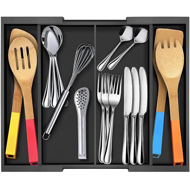 Bamboo Kitchen Drawer Organizer,Expandable Silverware Organizer,Utensil Holder and Cutlery Tray with 4 Adjustable Compartments,Black