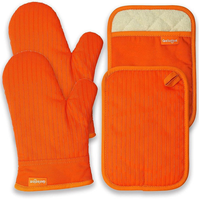 Coziselect Oven Mitts and Pot Holders Set, Heat Resistant Oven Mit Gloves Hot Pads for Kitchen Cooking Grill, Orange, 4-Piece Set