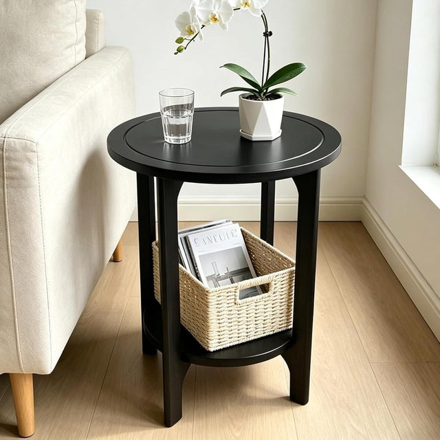 Small Round Side Table, 2-Tier Solid Wood End Table, Mid Century Modern Nightstand for Living Room, Bedroom, Easy Assembly (Black)
