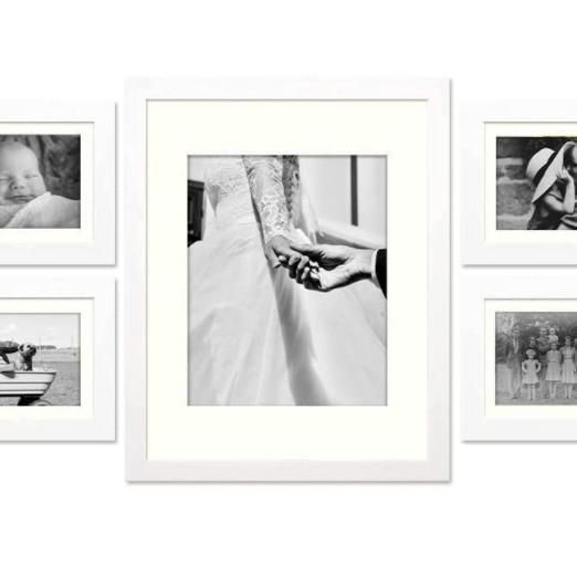 Frametory, Gallery Wall Frame Set of 7 Multiple Sizes 11x14, 8x10, 5x7 Picture Frame Collage with Ivory Color Mat for Prints, with Real Glass (White)