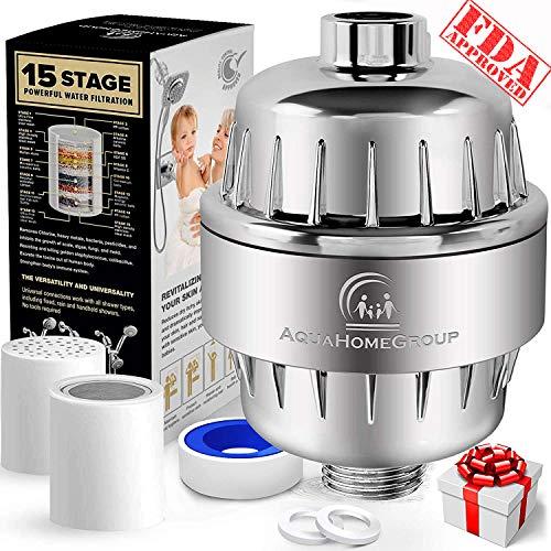 AquaHomeGroup 15 Stage Shower Filter with Vitamin C for Hard Water - High Output Shower Water Filter to Remove Chlorine and Fluoride - 2 Cartridges Included -Consistent Water Flow Showerhead Filter