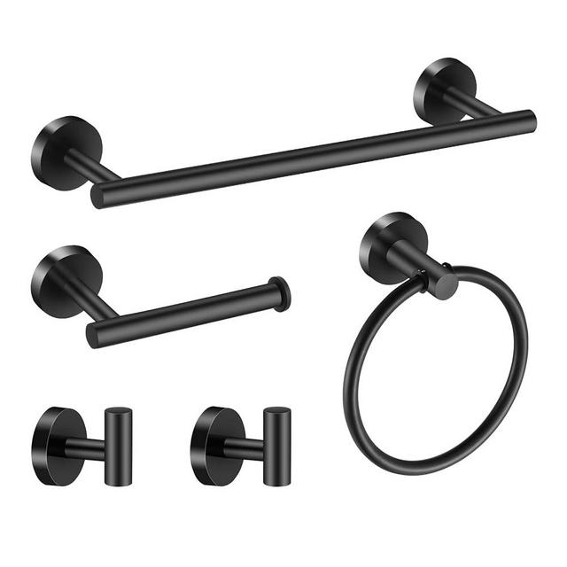 Bathroom Hardware Set, Bathroom Accessories Set Including 16'' Tower Bar, Towel Ring and 2 PCS Towel Hooks (5 Pieces, Black)