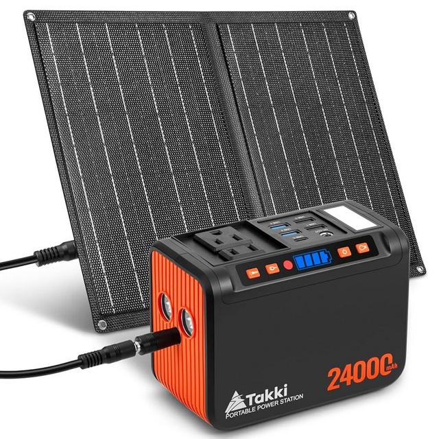 Takki 120W Peak Solar Generator Portable Power Station with 21W Solar Panels, 88Wh Solar Charger Power Bank AC DC USB Ports for Camping Tent Laptop Outdoor Emergency