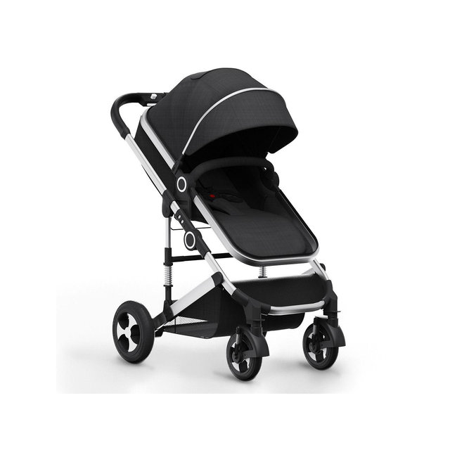 Kinder King Cozi 2 Convertible Baby Stroller, Folding High Landscape Infant Carriage, Adjustable Canopy, Diaper Bag, Anti-Shock, Black