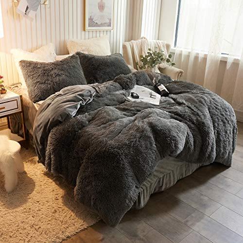 XeGe Plush Shaggy Duvet Cover Luxury Ultra Soft Crystal Velvet Bedding Set 1PC(1 Faux Fur Duvet Cover),Zipper Closure (King, Dark Gray)