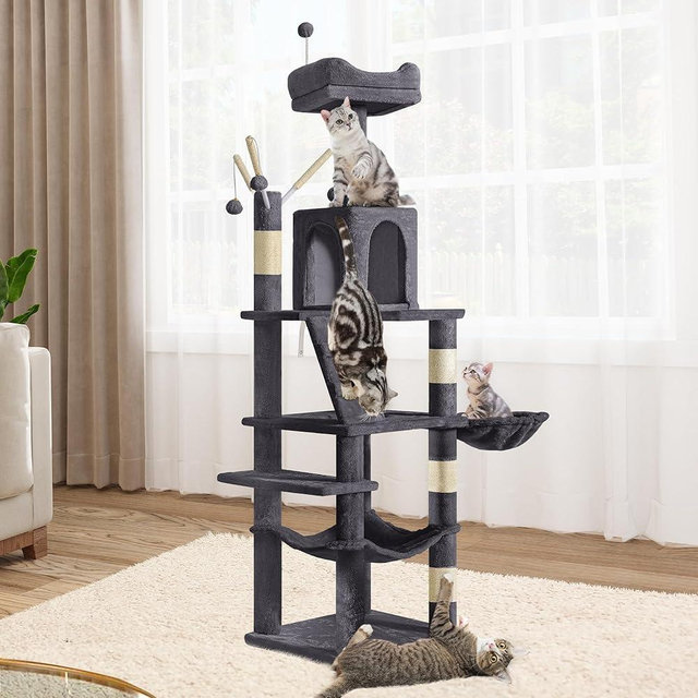 YITAHOME 64.5" Cat Tree, Multi-Level Cat House, Large Cat Condo Furniture with Perch Hammock, Scratching Posts and Dangling Balls for Kittens, Cats and Pets,Dark Gray