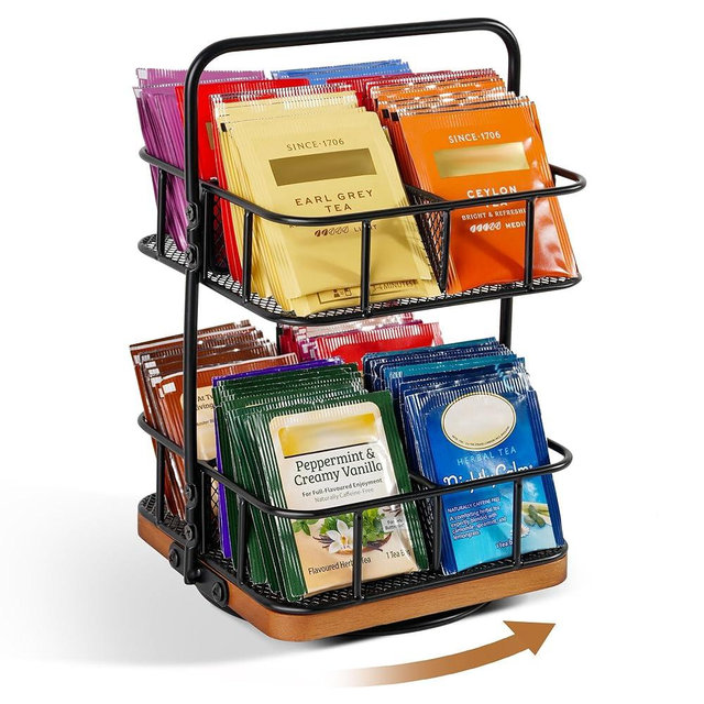 Rotation 2 Tier Tea Bag Organizer, Iron Art Tea Organizers, Acacia Wood Stand Teabag Holder with Handle Easy to Move and 8 Basket Tea Caddy for Tea Bags Organizer for Pantry, Kitchen, Gift Giving