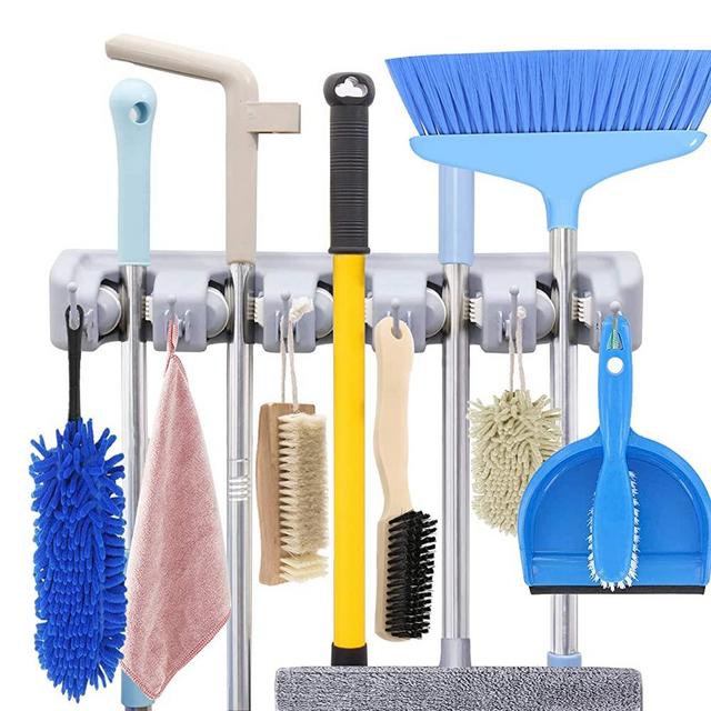 HYRIXDIRECT Mop and Broom Holder Wall Mount Heavy Duty Broom Holder Wall Mounted Broom Organizer Home Garden Garage Storage Rack 5 Position with 6 Hooks (Grey)
