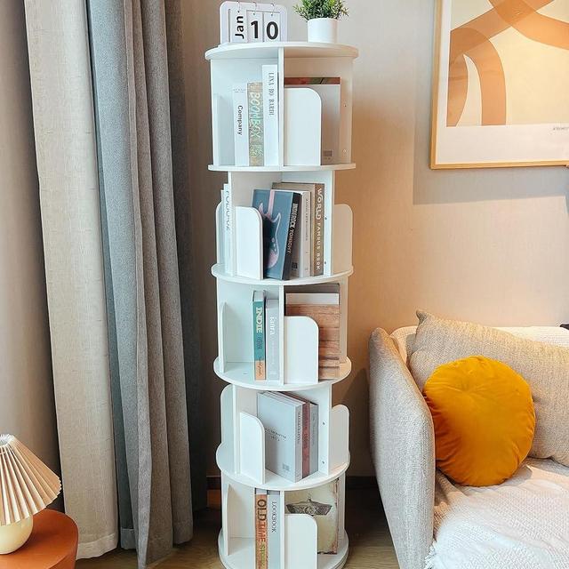 Heehee Rotating Bookshelf 360 Display Floor Standing Bookcase Storage Rack for Kids&Adults Multi-Functional Bookshelf Organizer (White (5-Tier))