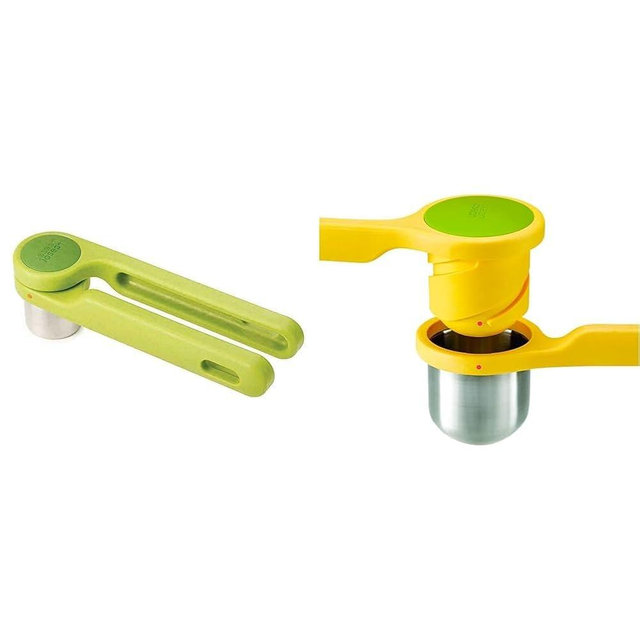 Joseph Joseph Helix Garlic Press and Citrus Juicer Ergonomic Twist-Action Hand Press Stainless Steel Set, Green and Yellow