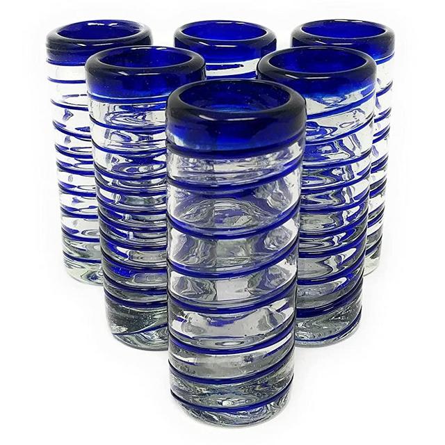 Hand Blown Mexican Tequila Shot Glasses – Set of 6 Blue Spiral Tequila Shot Glasses (2 oz each) …