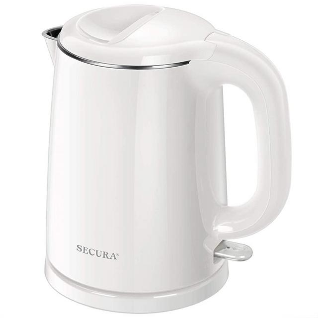 Secura Stainless Steel Double Wall Electric Kettle Water Heater for Tea Coffee w/Auto Shut-Off and Boil-Dry Protection, 1.0L (White) (SWK-1001DW)