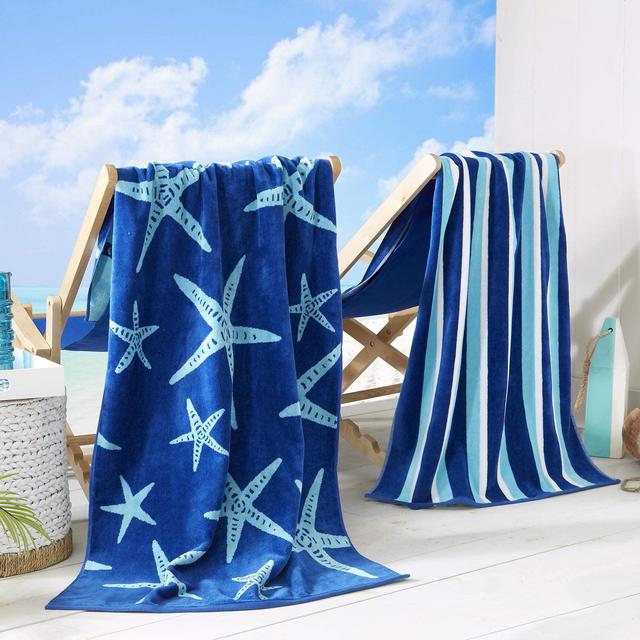 2 Pack Plush Maui Star Fish Stripes Print Beach Towels. 100% Cotton Nautical Beach Towels, Large Pool Towels. Maui Collection (30”x60”)