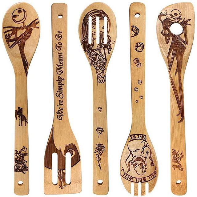 5 PCS Bamboo Spoons Cooking and Serving Utensils Set - Magic Pattern Burned Wooden Spoon Spatulas Kitchen Utensil Perfect Gift For Chefs & Foodies (Jack spoons)
