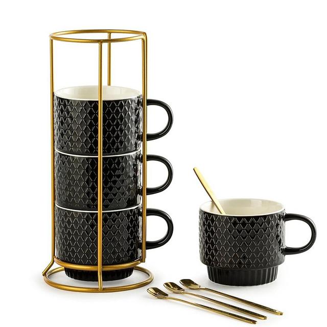 Gomakren Coffee Mugs Set of 4, 13 Ounce Stackable Coffee Mug Set with Stand, Stoneware Coffe Cup with Spoon for Coffee, Milk, Tea, Cocoa, Black