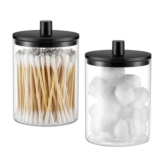TIPGO Glass Qtip Holder Dispenser for Bathroom - 10 oz Clear Canister Apothecary Jar for Cotton Swabs, Balls, Pads, Floss Picks, Small Containers for Makeup Storage Organizer (2 Pack, Black)