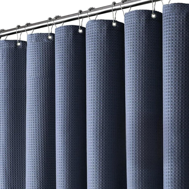 Inhousolu Fabric Shower Curtain Waffle Weave, Navy Blue 230 GSM Heavy Duty, Weighted Hem, 12 Metal Hooks, Water Repellent, Machine Washable, Hotel Spa Luxury Bath Curtain Set, 60 x 72 Inch