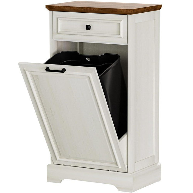 AHB 13 Gallon Tilt Out Trash Cabinet Kitchen Waste Bins, Laundry Hamper Tilt Out Pet Proof Hidden Trash Bin for Kitchen Living Room, Antique White and Brown