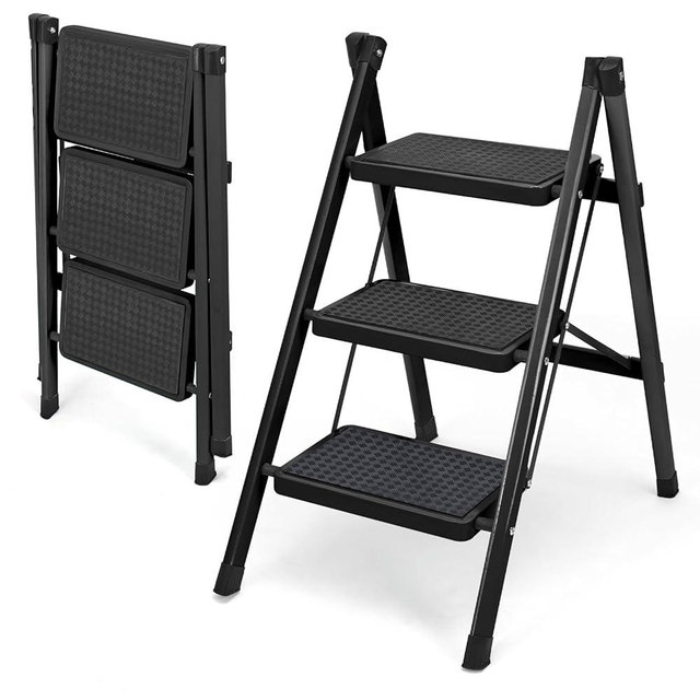 3 Step Ladder, Folding Step Stool for Adults, Lightweight Aluminum Step Ladder, Portable 330 LBS Capacity Ladders for Home Kitchen Library Office, Small Step Stools with Anti-Slip Wide Pedals