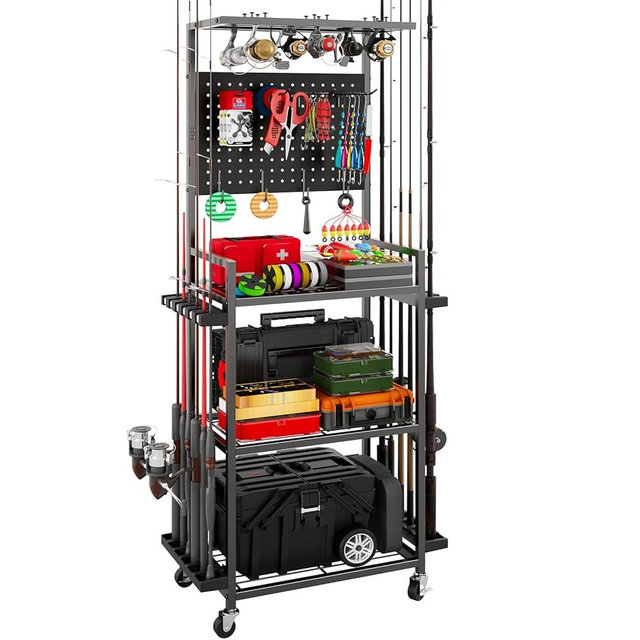 Fishing Rod Holders for Garage, Fishing Rod Storage Rack with Hooks & Wheels, Fishing Pole Holder Organizer, Tackle Box & Reel Storage Black