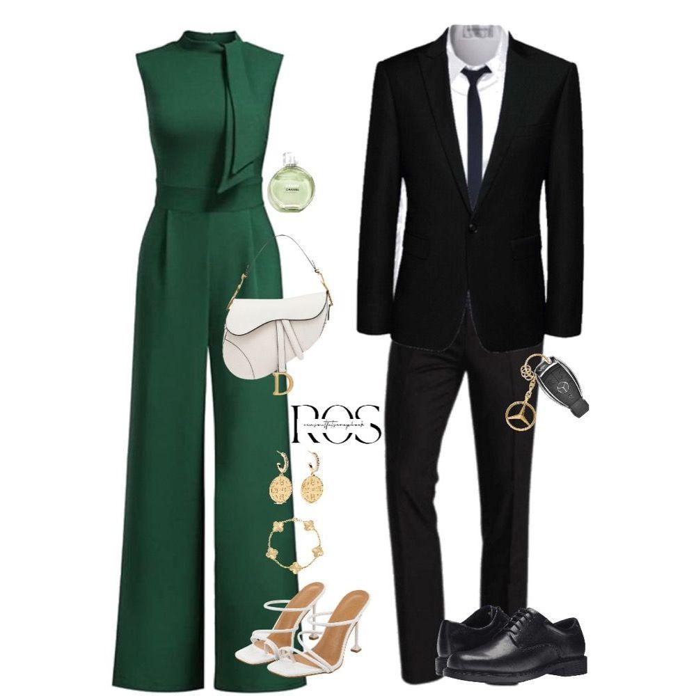 Green, black and white couple inspiration outfit