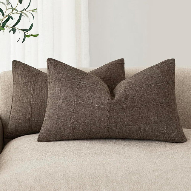 Foindtower Set of 2 Decorative Linen Check Throw Pillow Covers Neutral Farmhouse Lumbar Cushion Covers Modern Boho Home Decor for Sofa Chair Couch Bedroom Living Room,12×20 Inch,Dark Brown