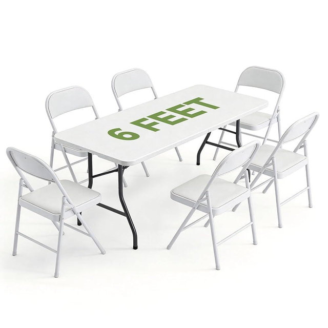 Folding Dining Table Set for 6, 6FT Foldable Plastic Table with Carrying Handle & 6 PU Leather Padded Folding Chairs, Portable Table and Chairs Set for Indoor Outdoor, Party, Wedding, Picnic, Camping