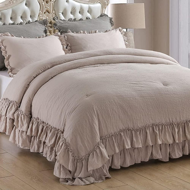 Masaca Shabby Ruffled King Comforter Set,Farmhouse Taupe Bedding Comforter Boho Chic Cute Lightweight Ultra Soft Vintage Rustic Microfiber Bedding 3pc (1 Ruffle Comforter and 2 Pillowcases)