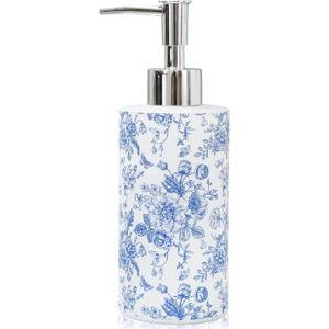 JarThenaAMCS Blue Floral Soap Dispenser Vintage Flower Butterfly Glass Dispenser with Pump Refillable Chinoiserie Liquid Soap Container for Farmhouse Home Kitchen Bathroom Countertop