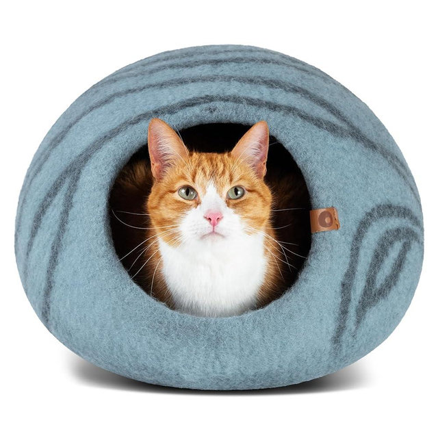 MEOWFIA Cat Cave – Premium Felt Cat Bed for Indoor Cats, Handmade 100% Merino Wool (Aquamarine, Medium)