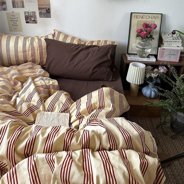 MKXI Vintage Washed Cotton Stripe Comforter Set - Queen Size Lightweight Breathable Bedding, Yellow & Rust Stripe Farmhouse 3-Piece Set