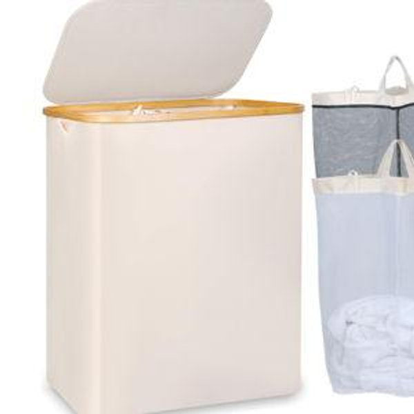 150L Laundry Basket with Lid, Large Laundry Hamper with Bamboo Handle, Collapsible Dirty Clothes Hamper Organizer with Removable Inner Bag for Clothes Toys Towels -Beige