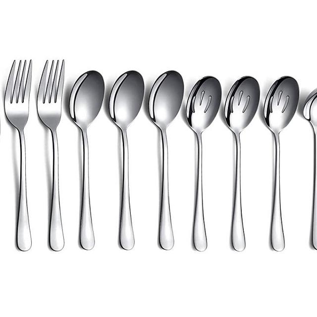 10-Piece Serving Flatware Silverware Set,Stainless Steel Serving Utensil Set,Include Slotted Serving Spoon, Serving Spoon, Cake Server, Serving Fork, Soup Ladle (Silver)