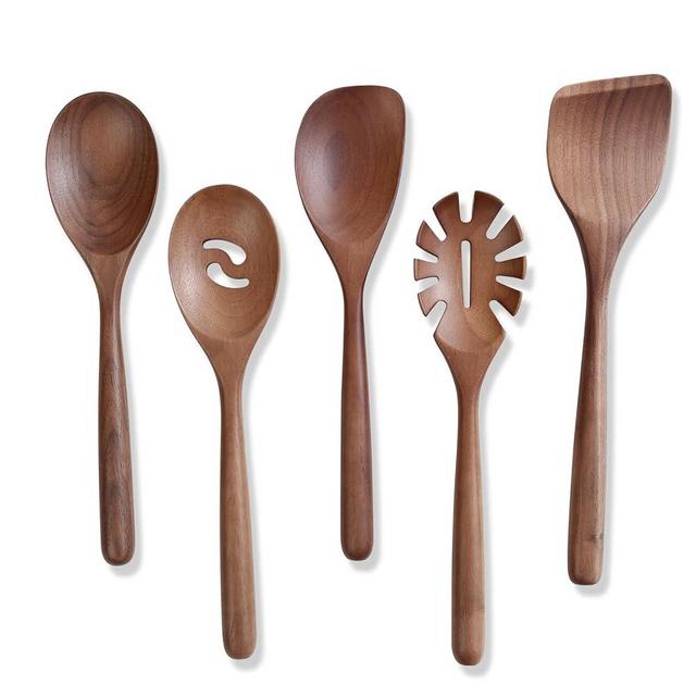 Wooden Spoons for Cooking, 5pcs Walnut Wood Kitchen Utensils,13" Wood Spoon, Cooking Spatula, Wood Colander, Wood Pasta Scoops,Smooth Finish,Comfortable Handle,Heat Resistant Nonstick Cookware Server
