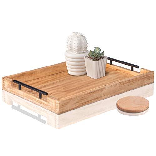 Wood Serving Tray with Metal Handles 20x14 - Large Multipurpose Ottoman Wooden Tray for Food and Decoration. Wood Food Tray Smooth and Completely Splinter-Free