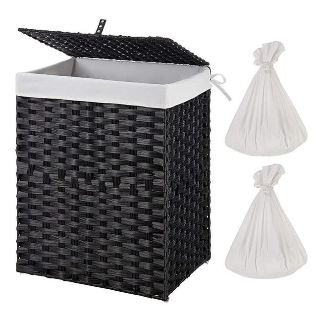 Greenstell Handwoven Laundry Hamper with 2 Removable Liner Bag, Synthetic Rattan Laundry Basket with Lid and Handles, Foldable and Easy to Install Black (Standard Size)