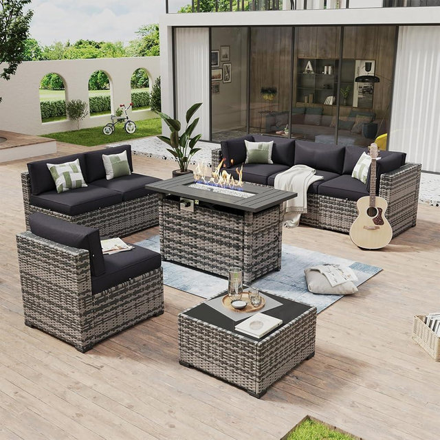 Aoxun 8 Piece Patio Furniture Set with 44” Fire Pit Table Wicker Rattan Outdoor Sectional Sofa Set with Coffee Table and Thickened Cushions, Black (Waterproof Cover Included)
